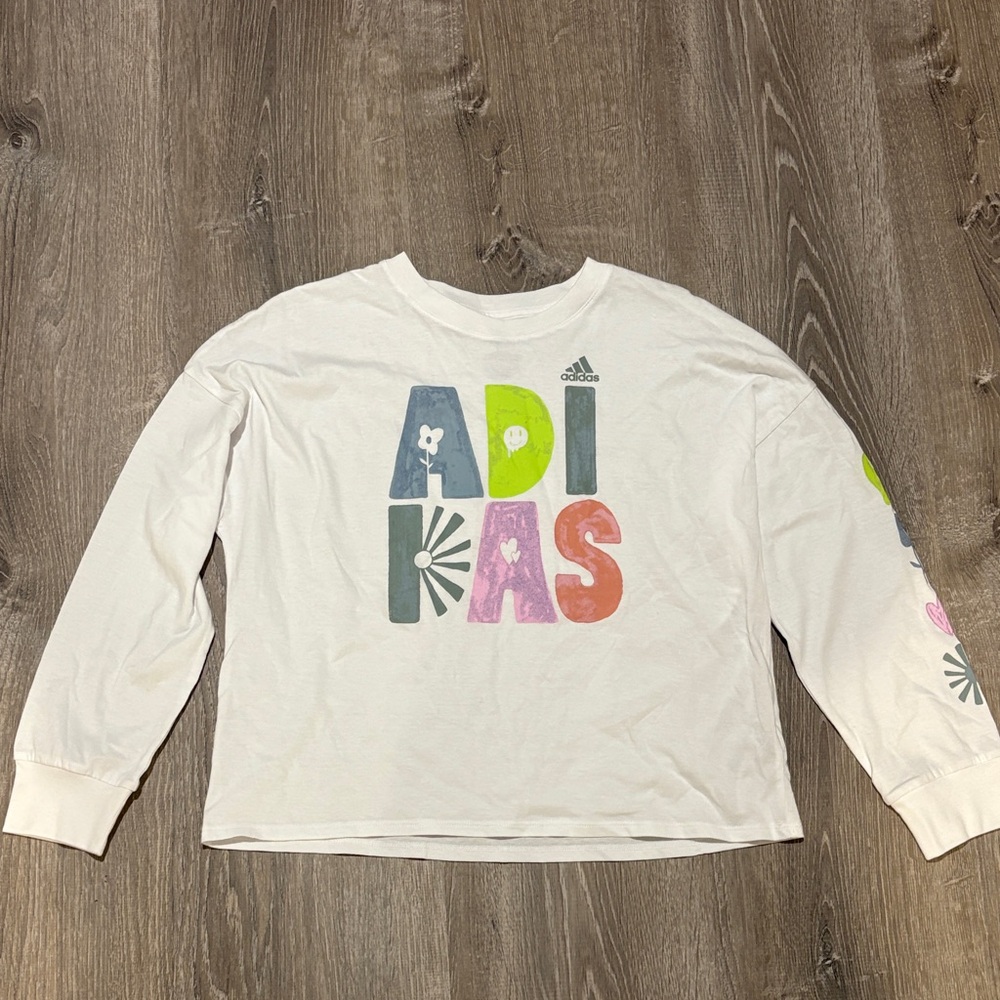 Adidas Kids Large White Multicolor Graphic Long Sleeve Tee Pullover Shirt